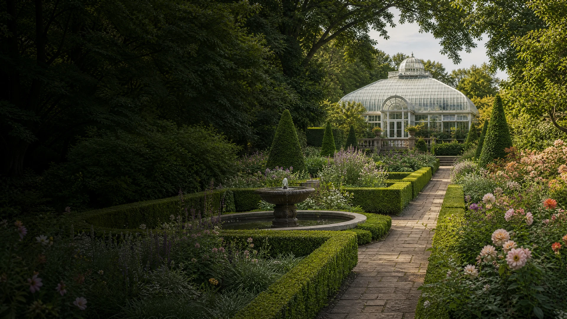 Lush southern garden with blooming flowers and mature trees in Virginia