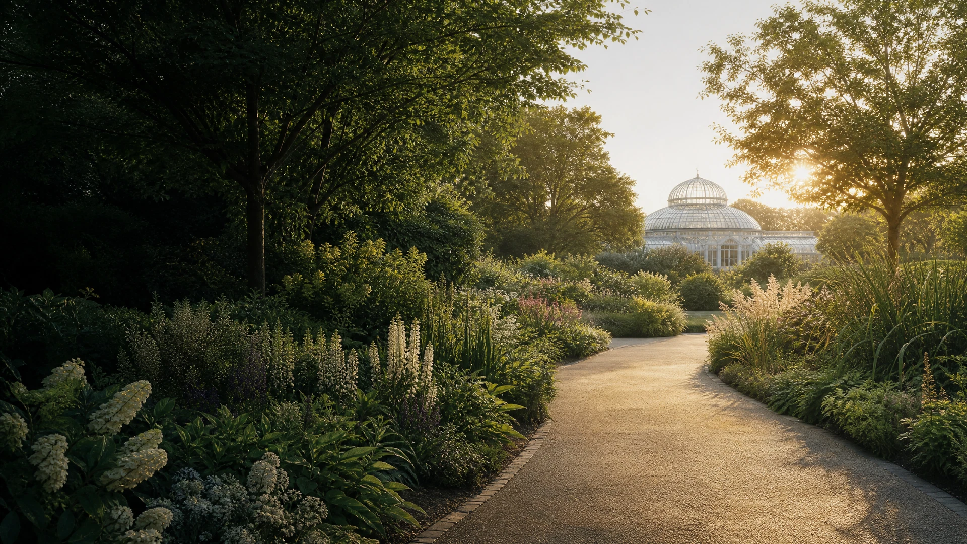 Lush botanical garden path at golden hour